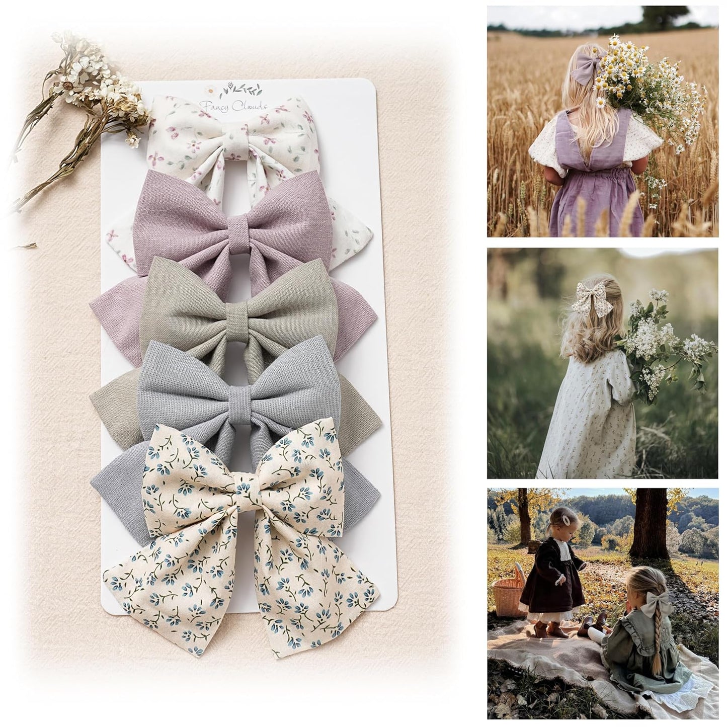 Hair Bows with Hair Clips for Girls Toddler Baby,Handmade 5" Flower Print Embroider Big Bows, Boutique Hair Accessorioes Gifts for School Kids