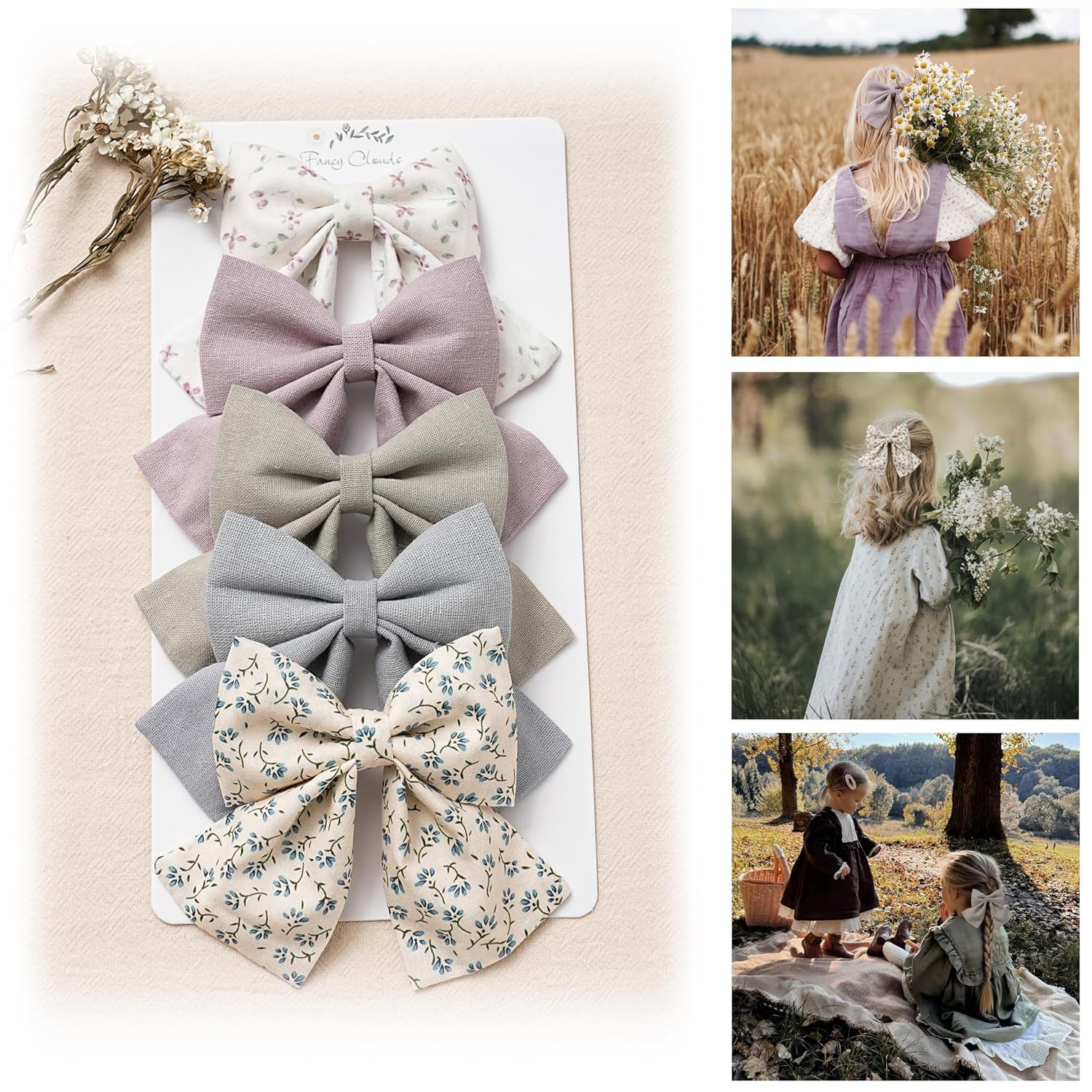 Hair Bows with Hair Clips for Girls Toddler Baby,Handmade 5" Flower Print Embroider Big Bows, Boutique Hair Accessorioes Gifts for School Kids