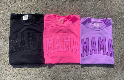 Mama Glitter Appliqué Embroidered Comfort Colors Short Sleeve Shirt