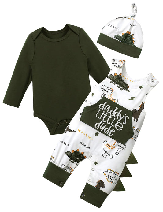 Aulyffo Baby Boy Clothes 3-6 Months Infant Boy Clothes 3Pcs Baby Boy Outfits Long Sleeve Green Baby Boy Romper Dinosaur Clothes Baby Boy Overalls with Hat - # BAAA51210025