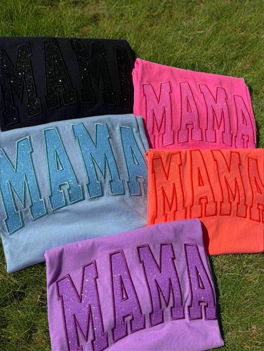 Mama Glitter Appliqué Embroidered Comfort Colors Short Sleeve Shirt