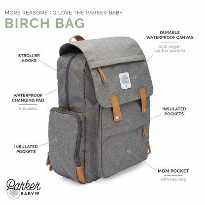 Birch Bag Diaper Backpack – 10+ Pockets, Insulated Bottle Pockets & Changing Pad Included