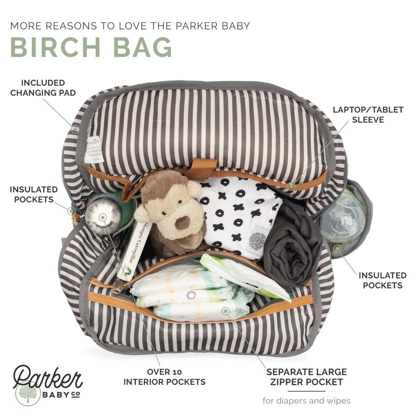 Birch Bag Diaper Backpack – 10+ Pockets, Insulated Bottle Pockets & Changing Pad Included