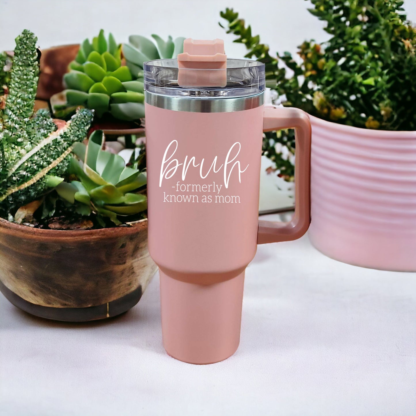"Bruh, Formerly Known as Mom" 40oz Pink Insulated Tumbler with Handle & Straw