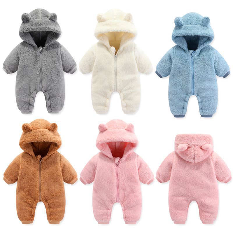 Baby Coral Fleece Hooded Romper | Warm Zip-Up Onesie for Newborns & Infants