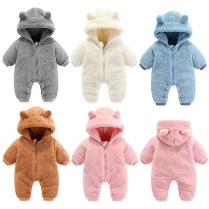 Baby Coral Fleece Hooded Romper | Warm Zip-Up Onesie for Newborns & Infants
