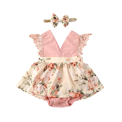 Baby Girl Floral Lace Romper with Headband | Sleeveless V-Neck Jumpsuit