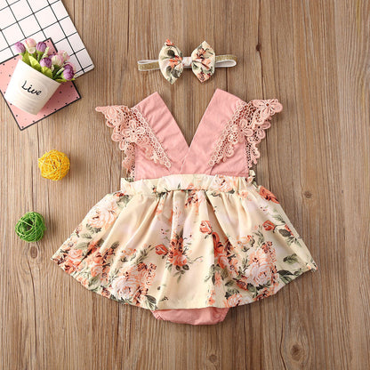 Baby Girl Floral Lace Romper with Headband | Sleeveless V-Neck Jumpsuit