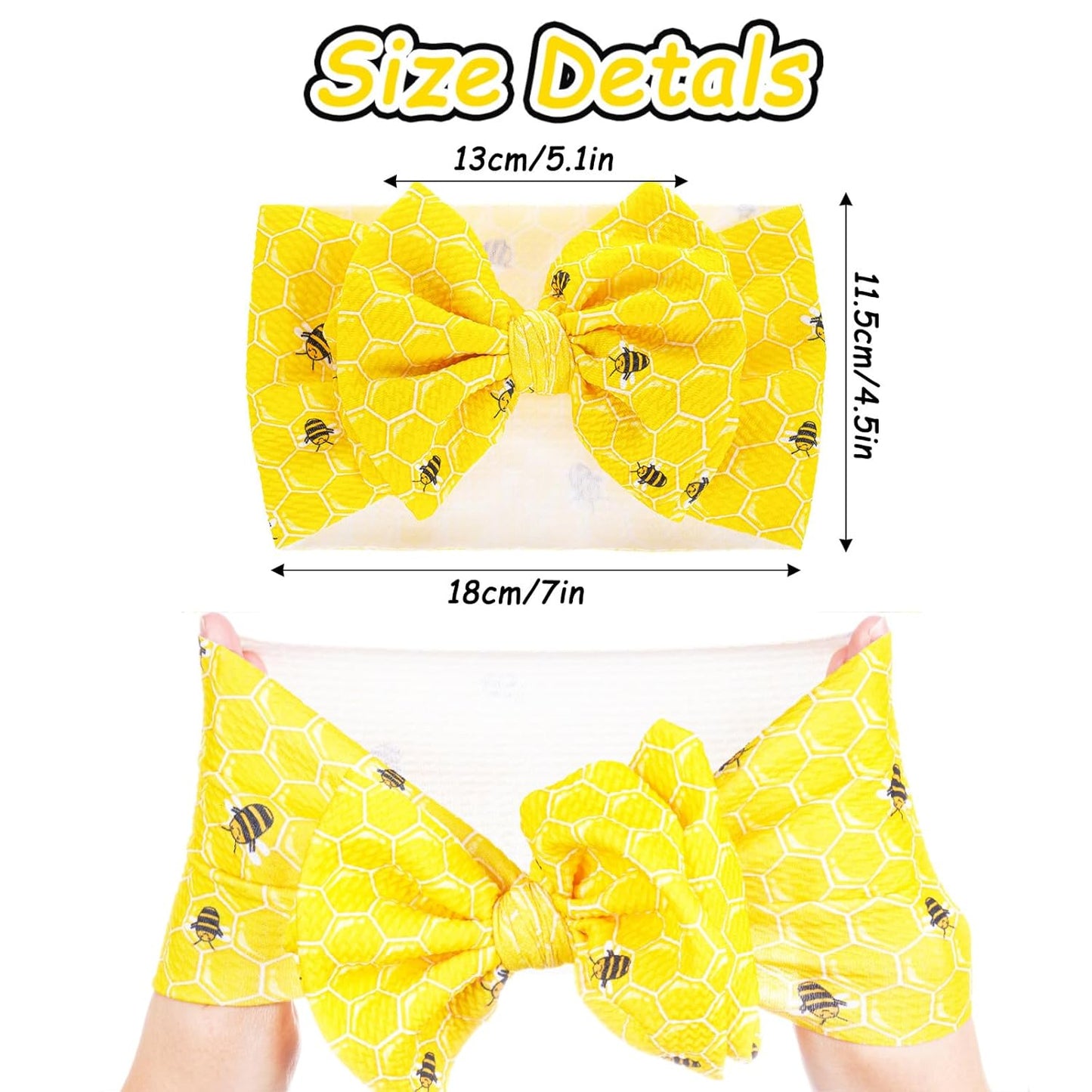 2Pcs Bee Baby Headband Yellow Hair Bows for Girls Large Spring Summer Flower Headband Toddler Girls Nylon Hair Accessories Big Bows Hairband