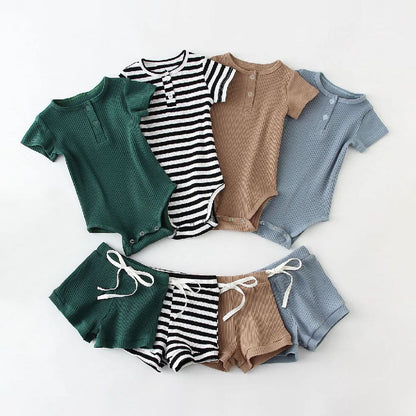 Boys Summer Short Sleeve Top & Shorts Set | Stripe & Solid Colors