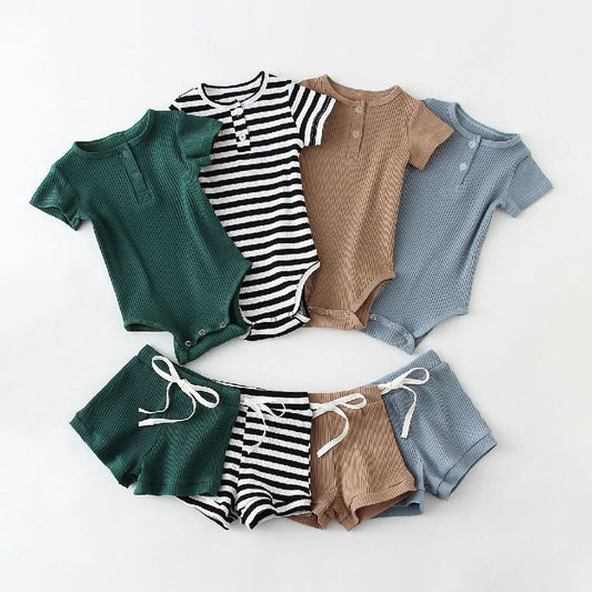 Boys Summer Short Sleeve Top & Shorts Set | Stripe & Solid Colors