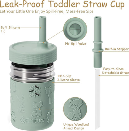 Toddler Cups Spill Proof, 8 OZ Stainless Steel Sippy Cups for Kids | Tumbler with Lid, Removable Silicone Straw & Sleeve, BPA Free Dishwasher Safe Girls Boys Water Bottle Snack Container