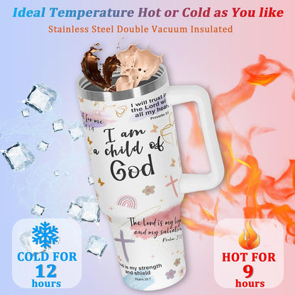Child of God Christian Affirmation Tumbler, Religious Inspiration Gift for Christian Women, Christian Bible Verse 40 Oz Tumbler with Handle