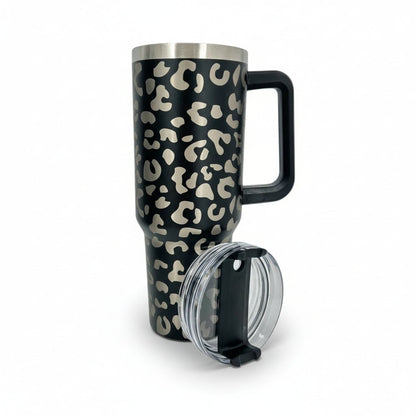 Leopard Print 40 oz Tumbler with Handle & Straw – Engraved Insulated Cup