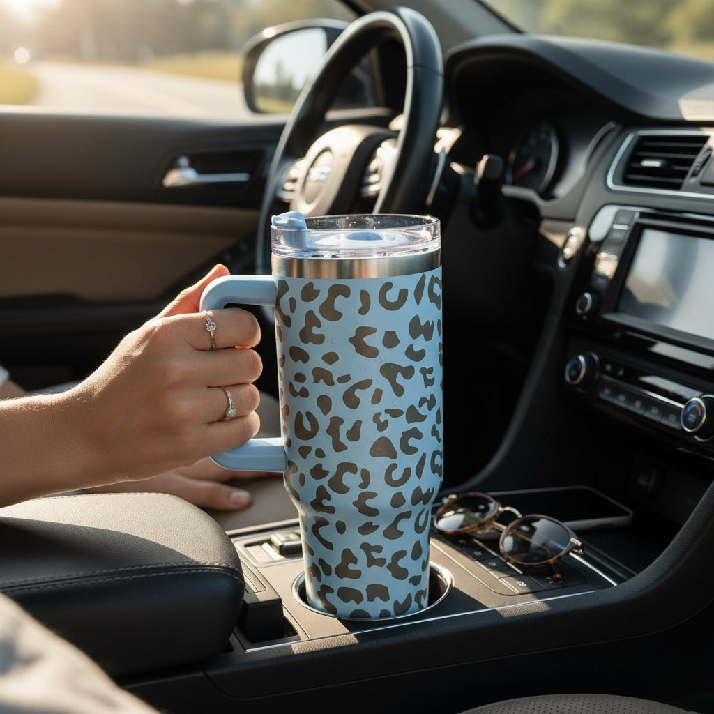 Leopard Print 40 oz Tumbler with Handle & Straw – Engraved Insulated Cup