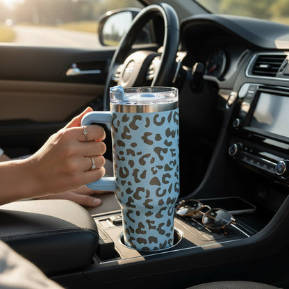 Leopard Print 40 oz Tumbler with Handle & Straw – Engraved Insulated Cup