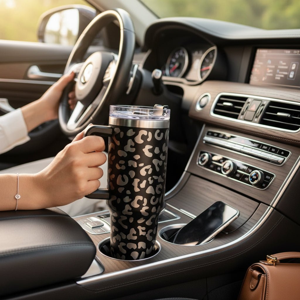 Leopard Print 40 oz Tumbler with Handle & Straw – Engraved Insulated Cup