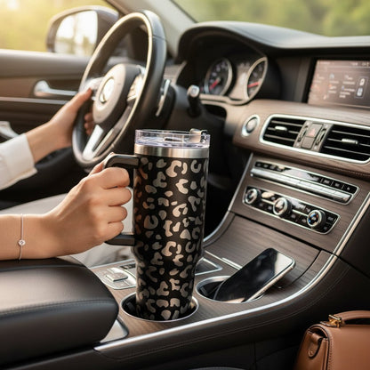 Leopard Print 40 oz Tumbler with Handle & Straw – Engraved Insulated Cup