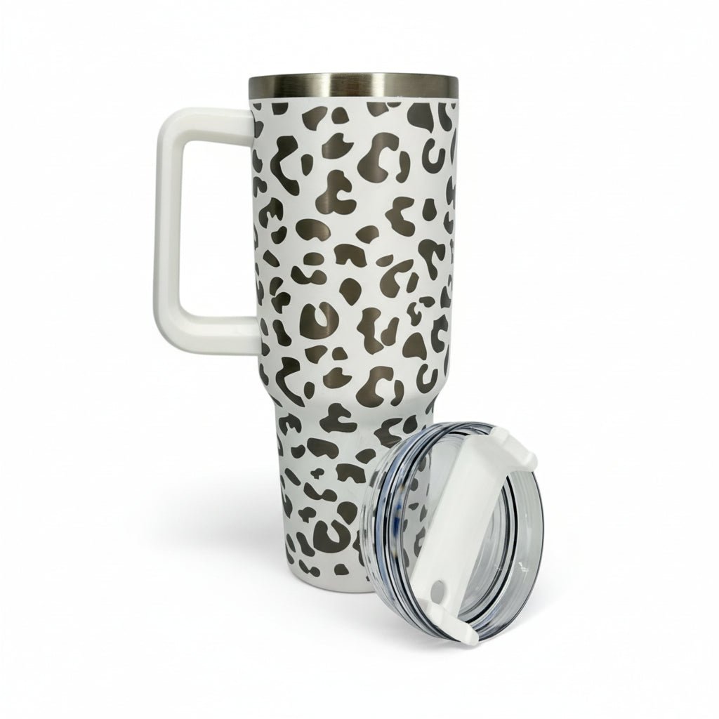 Leopard Print 40 oz Tumbler with Handle & Straw – Engraved Insulated Cup