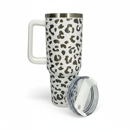 Leopard Print 40 oz Tumbler with Handle & Straw – Engraved Insulated Cup