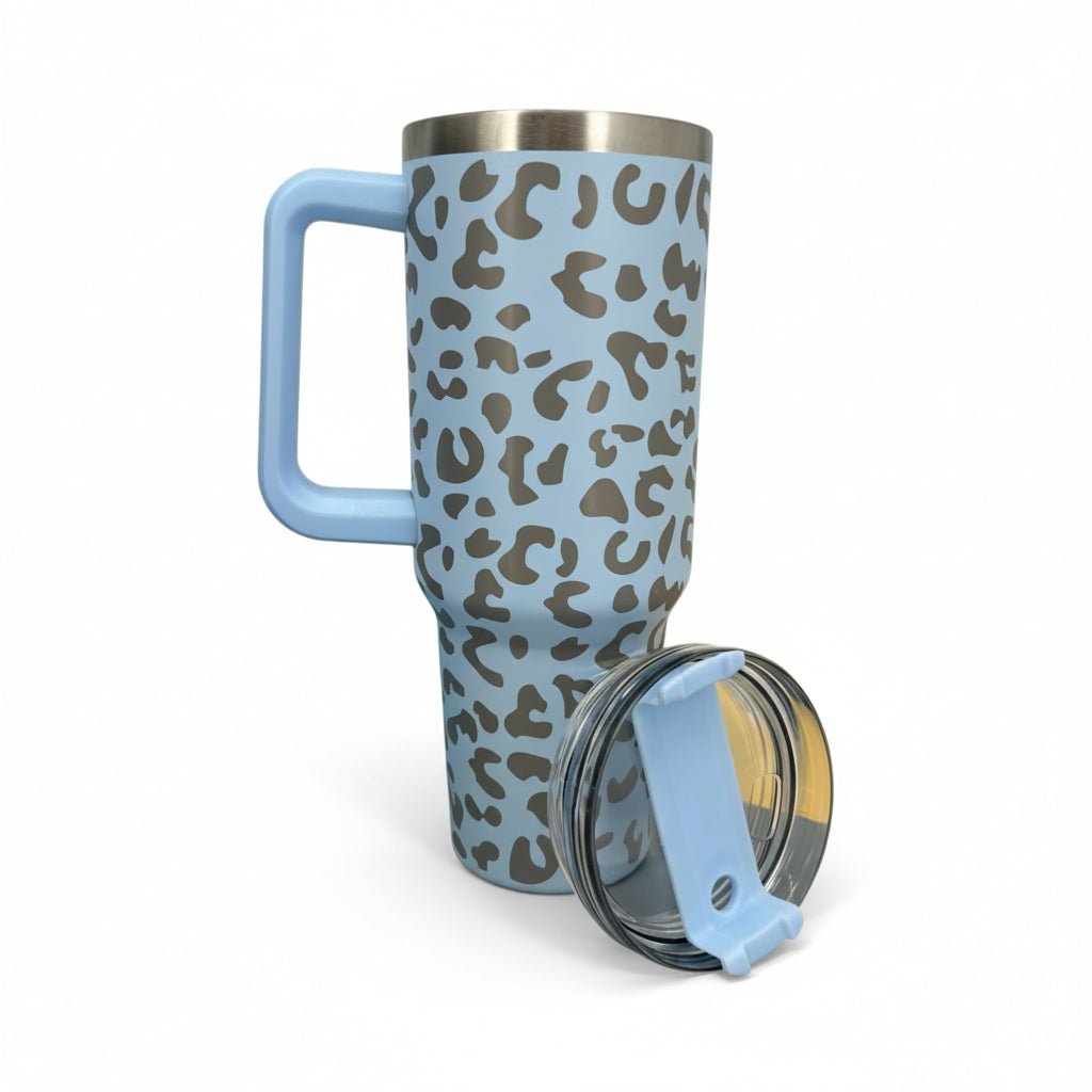 Leopard Print 40 oz Tumbler with Handle & Straw – Engraved Insulated Cup