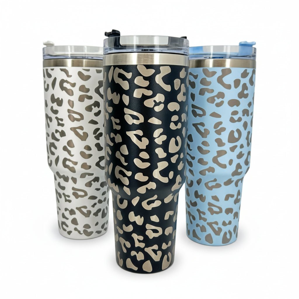 Leopard Print 40 oz Tumbler with Handle & Straw – Engraved Insulated Cup