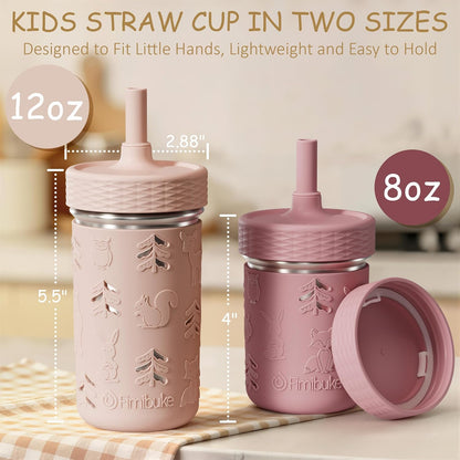 Toddler Cups Spill Proof, 8 OZ Stainless Steel Sippy Cups for Kids | Tumbler with Lid, Removable Silicone Straw & Sleeve, BPA Free Dishwasher Safe Girls Boys Water Bottle Snack Container