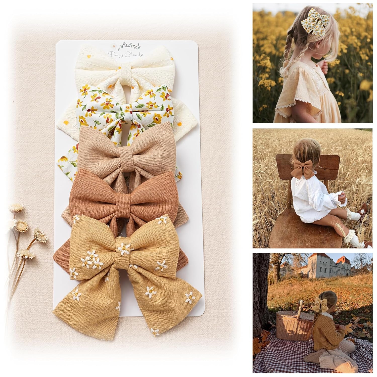 Hair Bows with Hair Clips for Girls Toddler Baby,Handmade 5" Flower Print Embroider Big Bows, Boutique Hair Accessorioes Gifts for School Kids