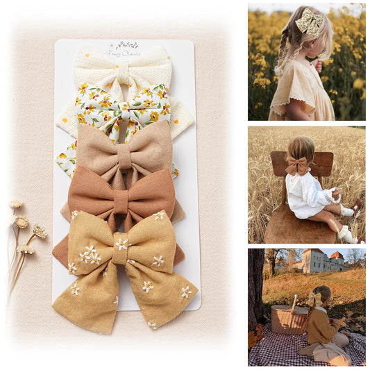 Hair Bows with Hair Clips for Girls Toddler Baby,Handmade 5" Flower Print Embroider Big Bows, Boutique Hair Accessorioes Gifts for School Kids