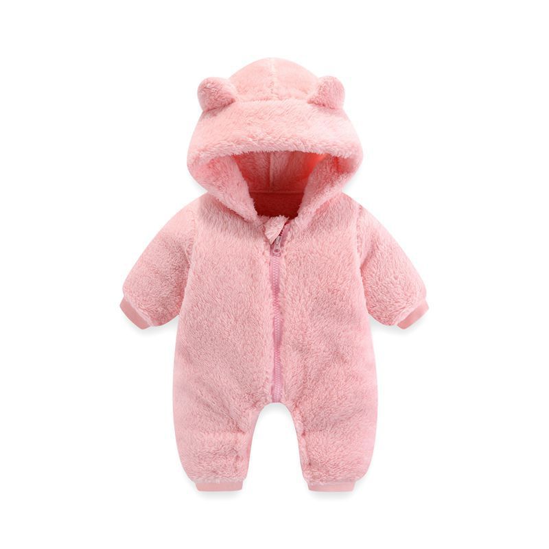 Baby Coral Fleece Hooded Romper | Warm Zip-Up Onesie for Newborns & Infants