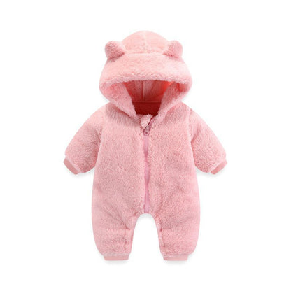 Baby Coral Fleece Hooded Romper | Warm Zip-Up Onesie for Newborns & Infants