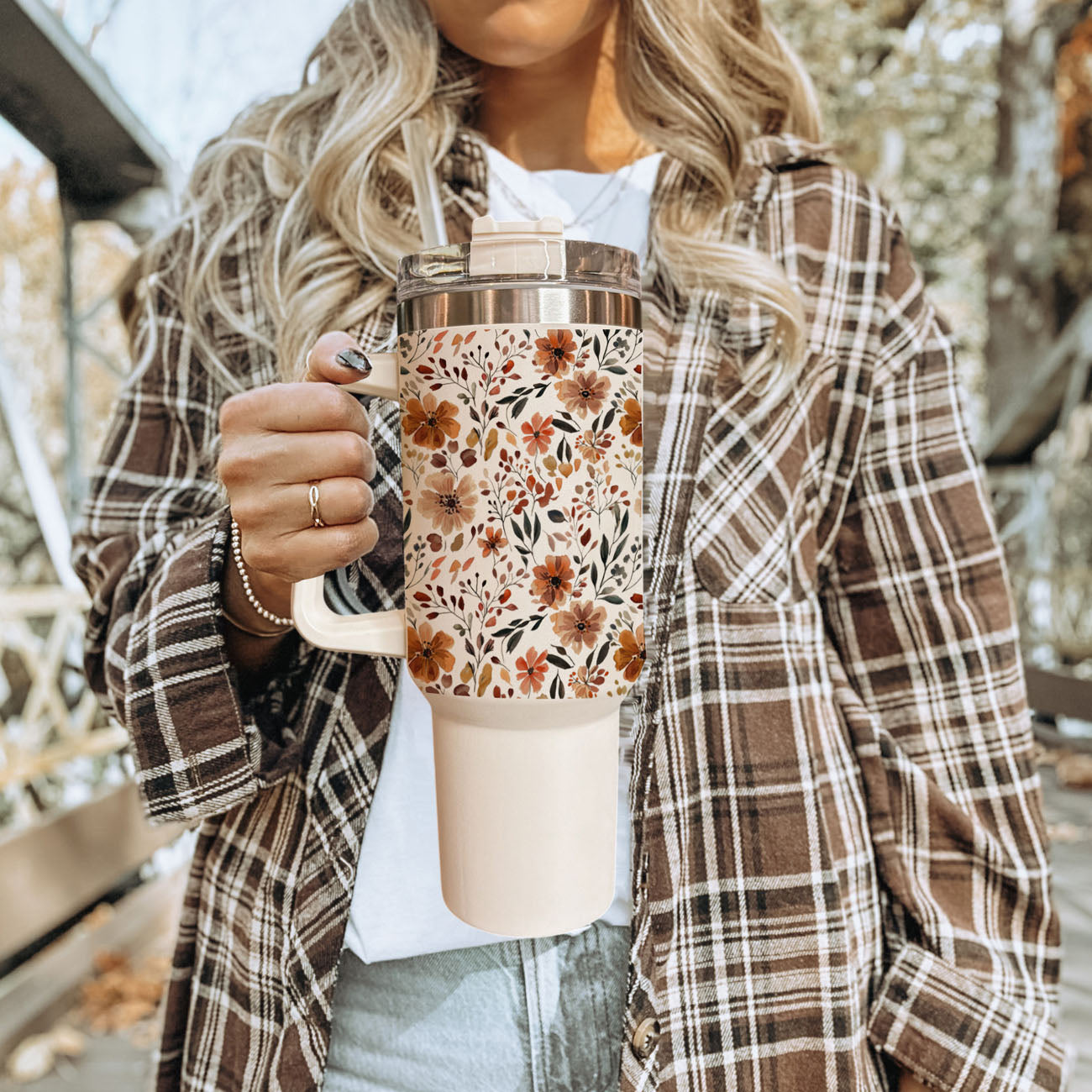 Floral Fall 40oz Tumbler | Autumn Insulated Cup with Handle by Gia Roma