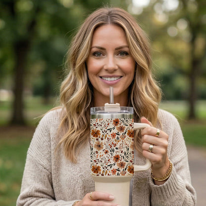 Floral Fall 40oz Tumbler | Autumn Insulated Cup with Handle by Gia Roma