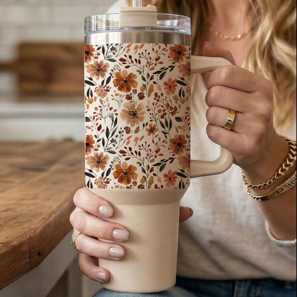 Floral Fall 40oz Tumbler | Autumn Insulated Cup with Handle by Gia Roma