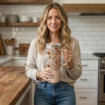 Floral Fall 40oz Tumbler | Autumn Insulated Cup with Handle by Gia Roma