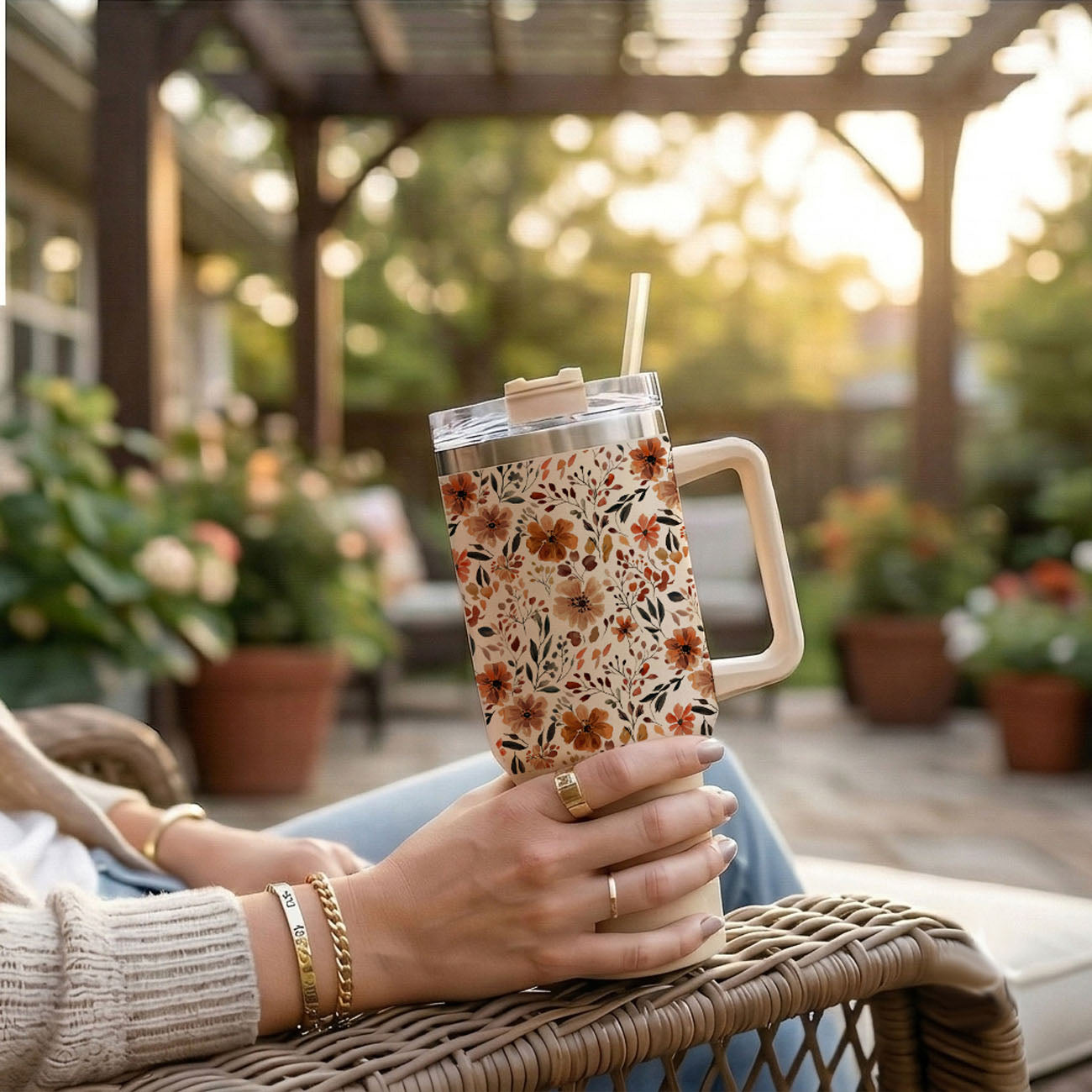 Floral Fall 40oz Tumbler | Autumn Insulated Cup with Handle by Gia Roma