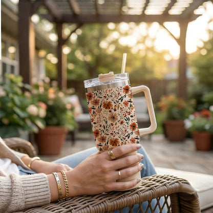Floral Fall 40oz Tumbler | Autumn Insulated Cup with Handle by Gia Roma