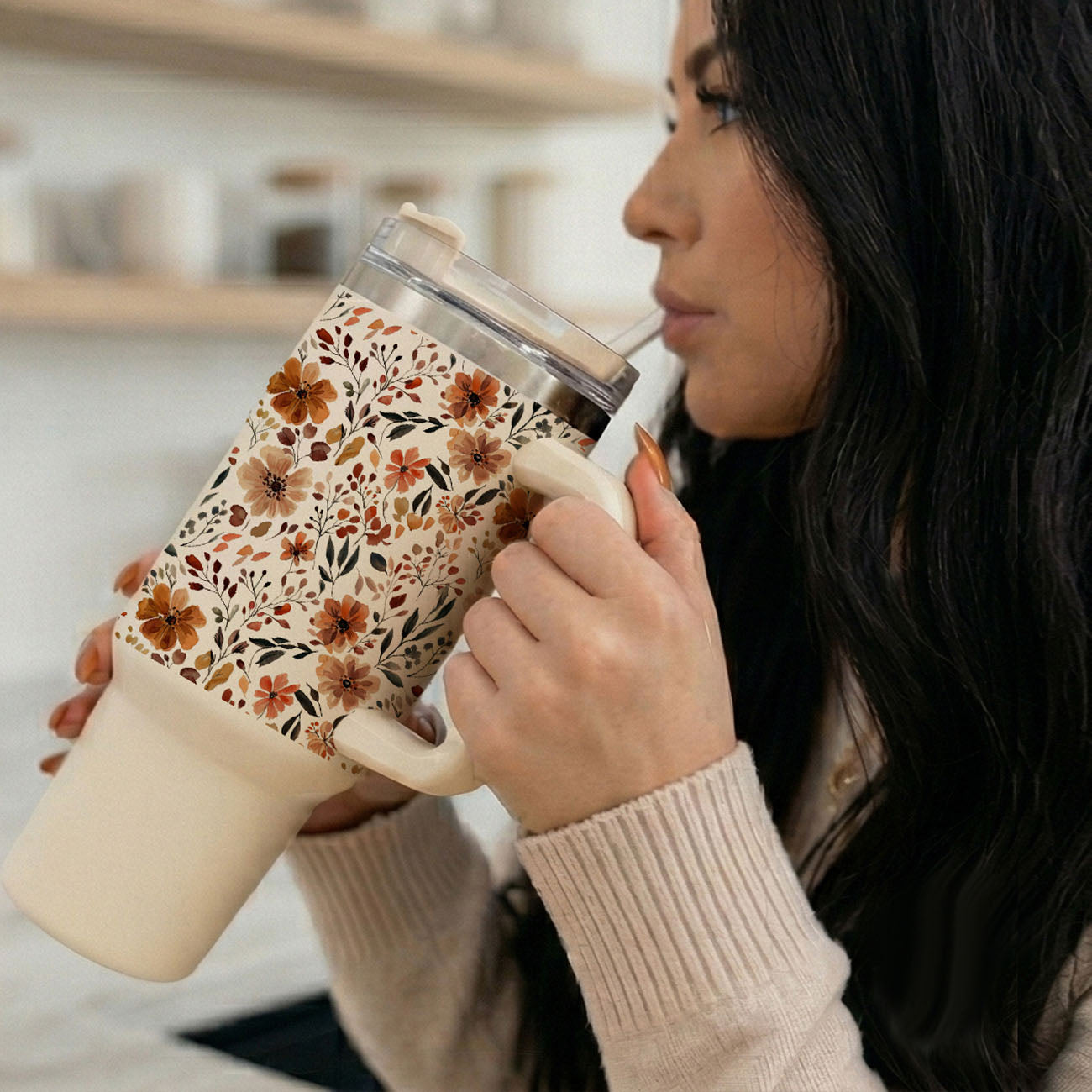 Floral Fall 40oz Tumbler | Autumn Insulated Cup with Handle by Gia Roma