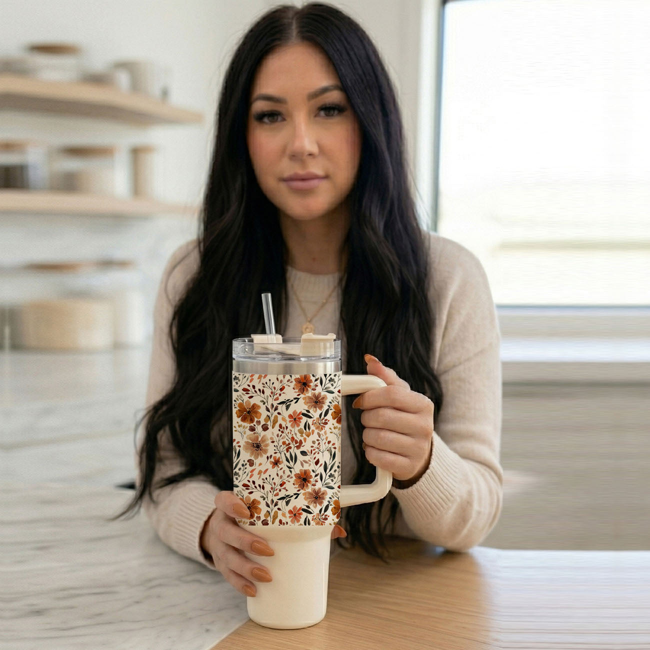 Floral Fall 40oz Tumbler | Autumn Insulated Cup with Handle by Gia Roma