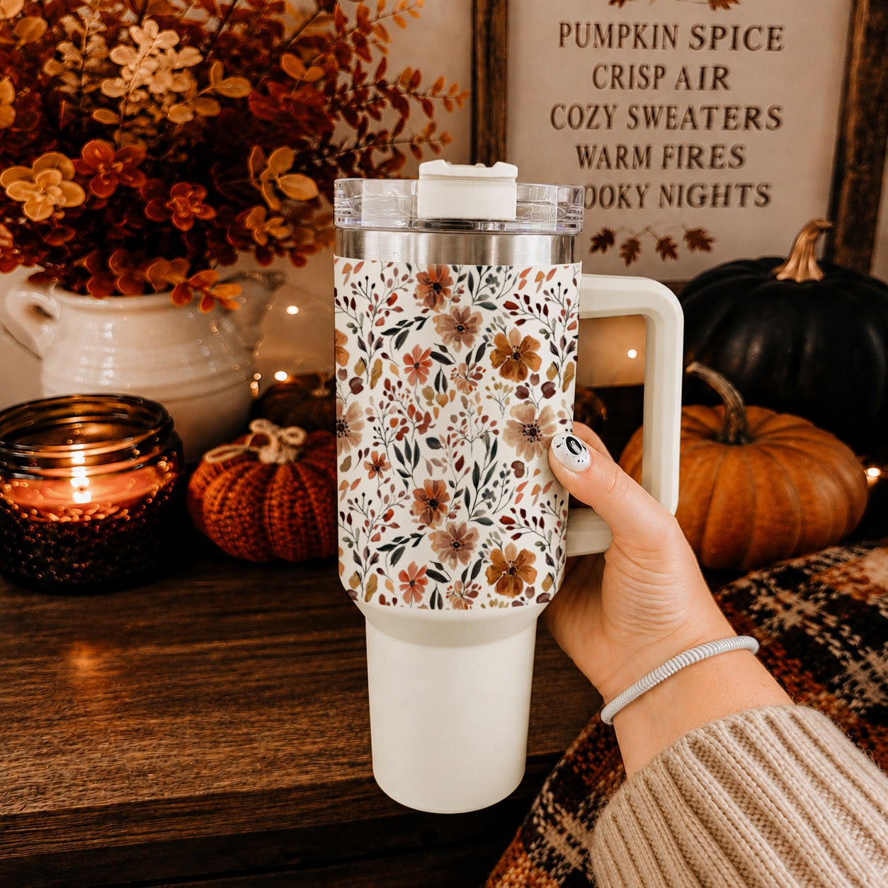 Floral Fall 40oz Tumbler | Autumn Insulated Cup with Handle by Gia Roma