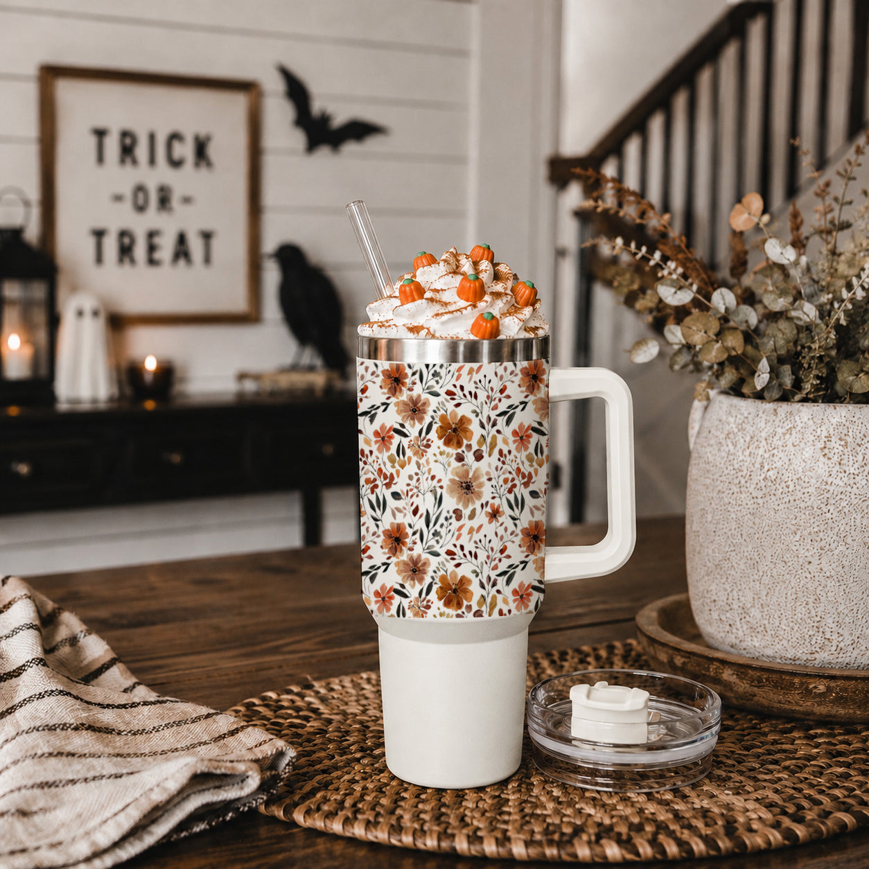 Floral Fall 40oz Tumbler | Autumn Insulated Cup with Handle by Gia Roma