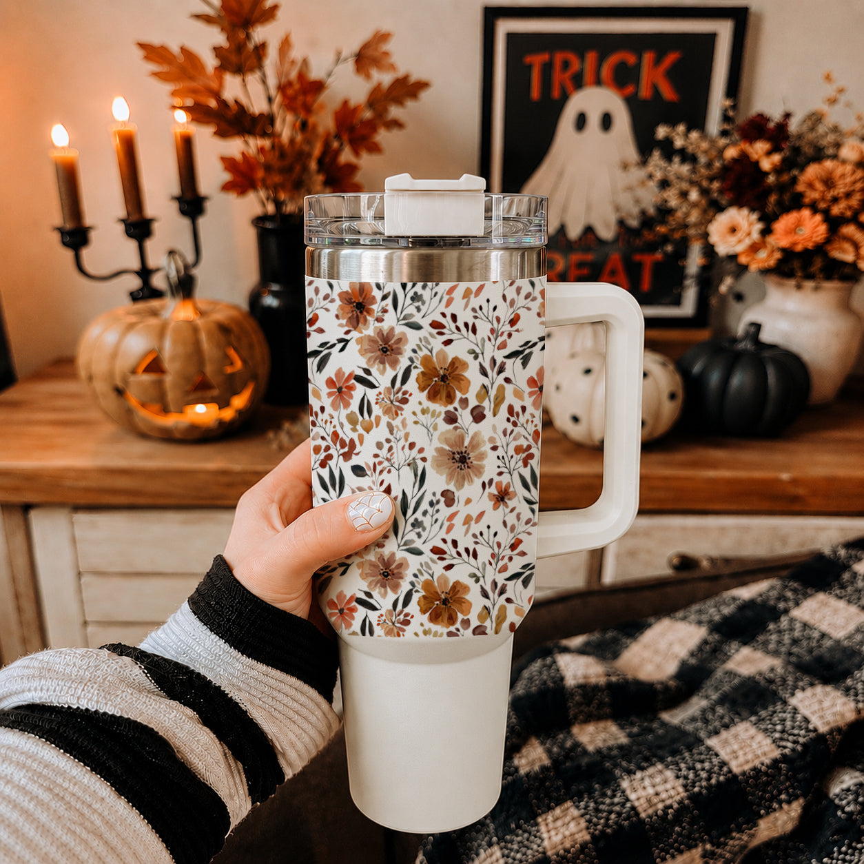 Floral Fall 40oz Tumbler | Autumn Insulated Cup with Handle by Gia Roma