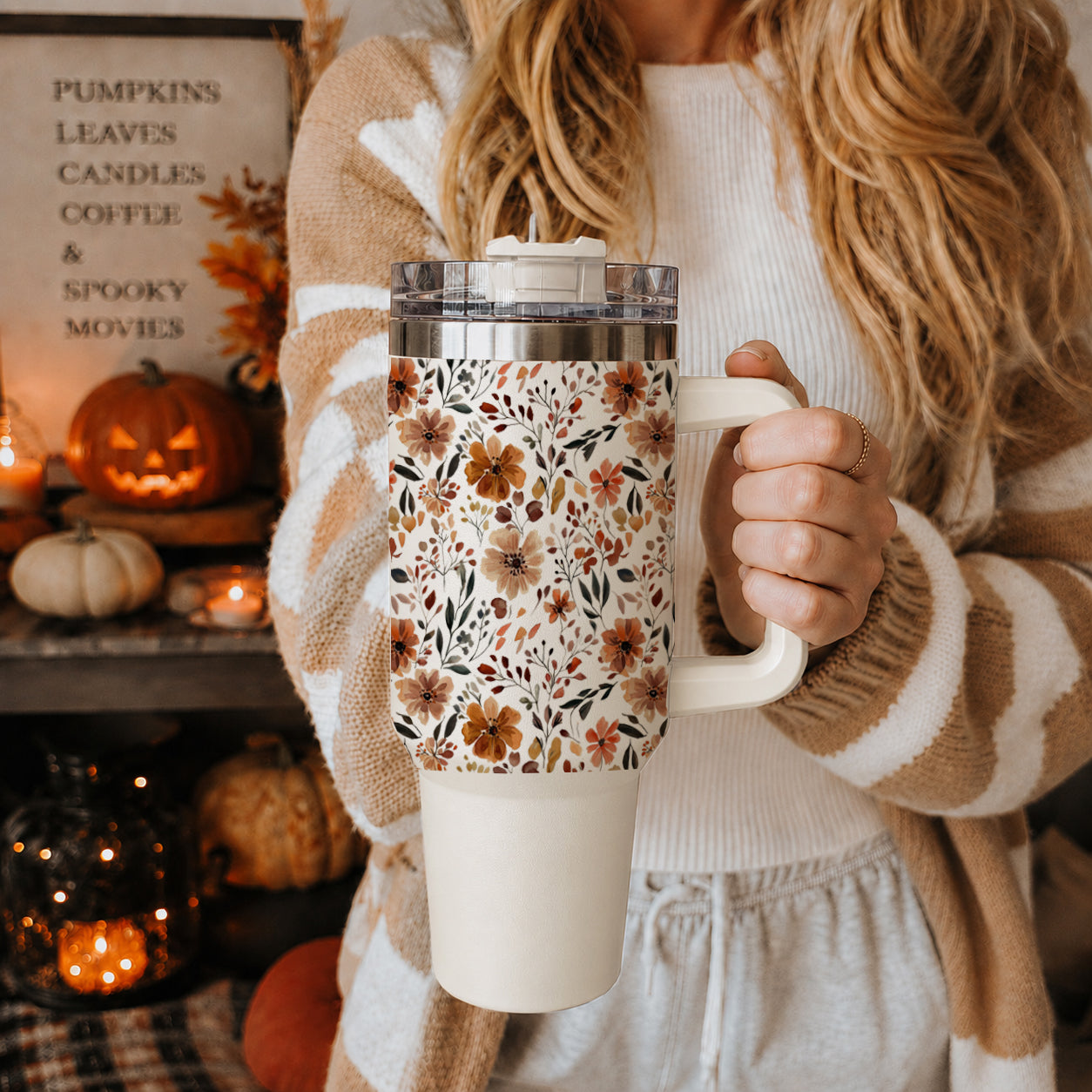 Floral Fall 40oz Tumbler | Autumn Insulated Cup with Handle by Gia Roma