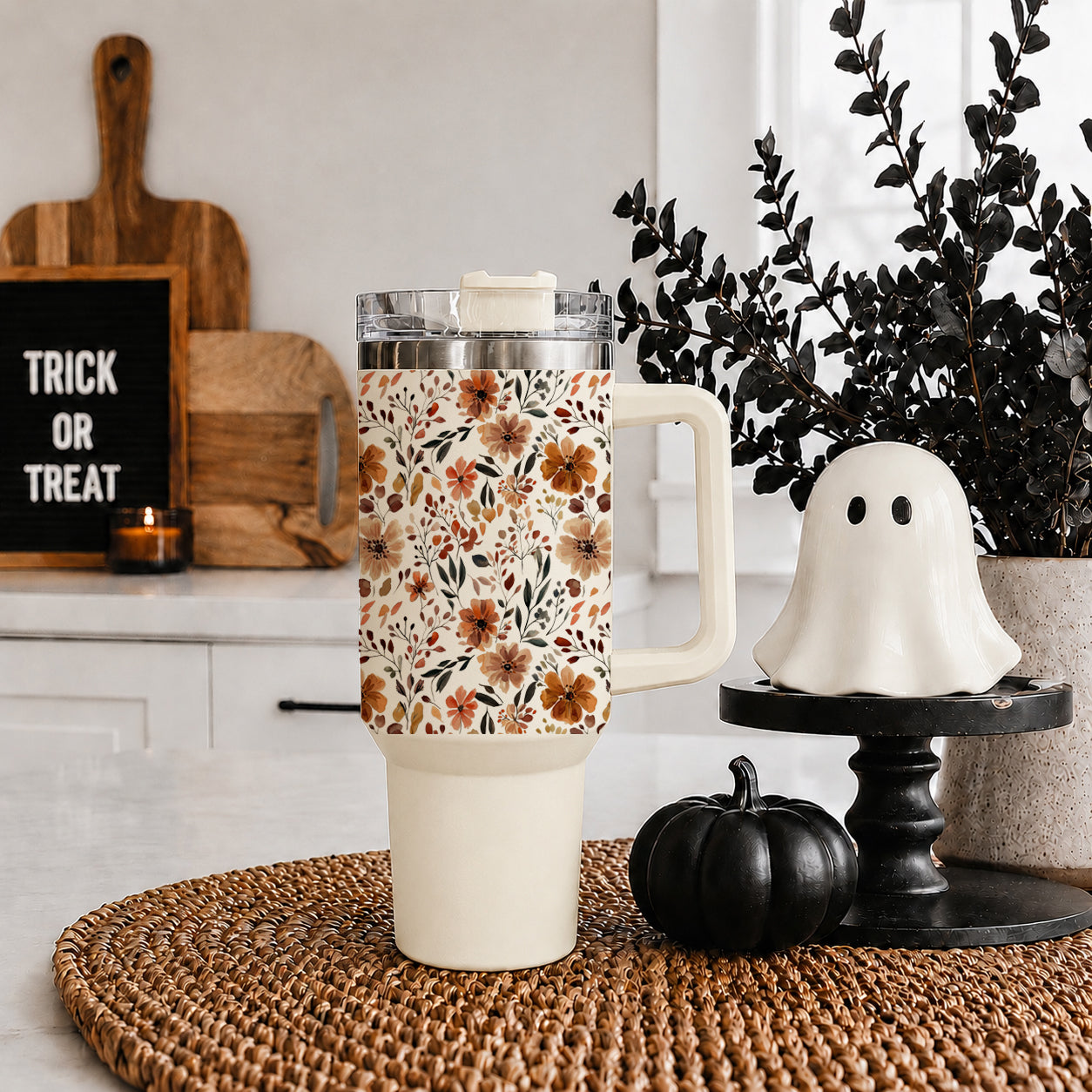 Floral Fall 40oz Tumbler | Autumn Insulated Cup with Handle by Gia Roma