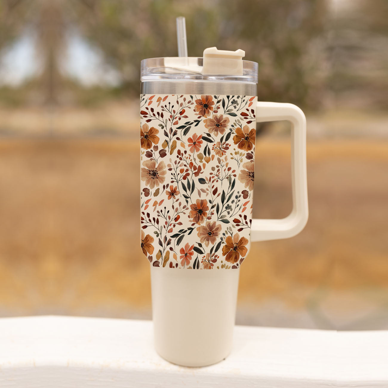Floral Fall 40oz Tumbler | Autumn Insulated Cup with Handle by Gia Roma