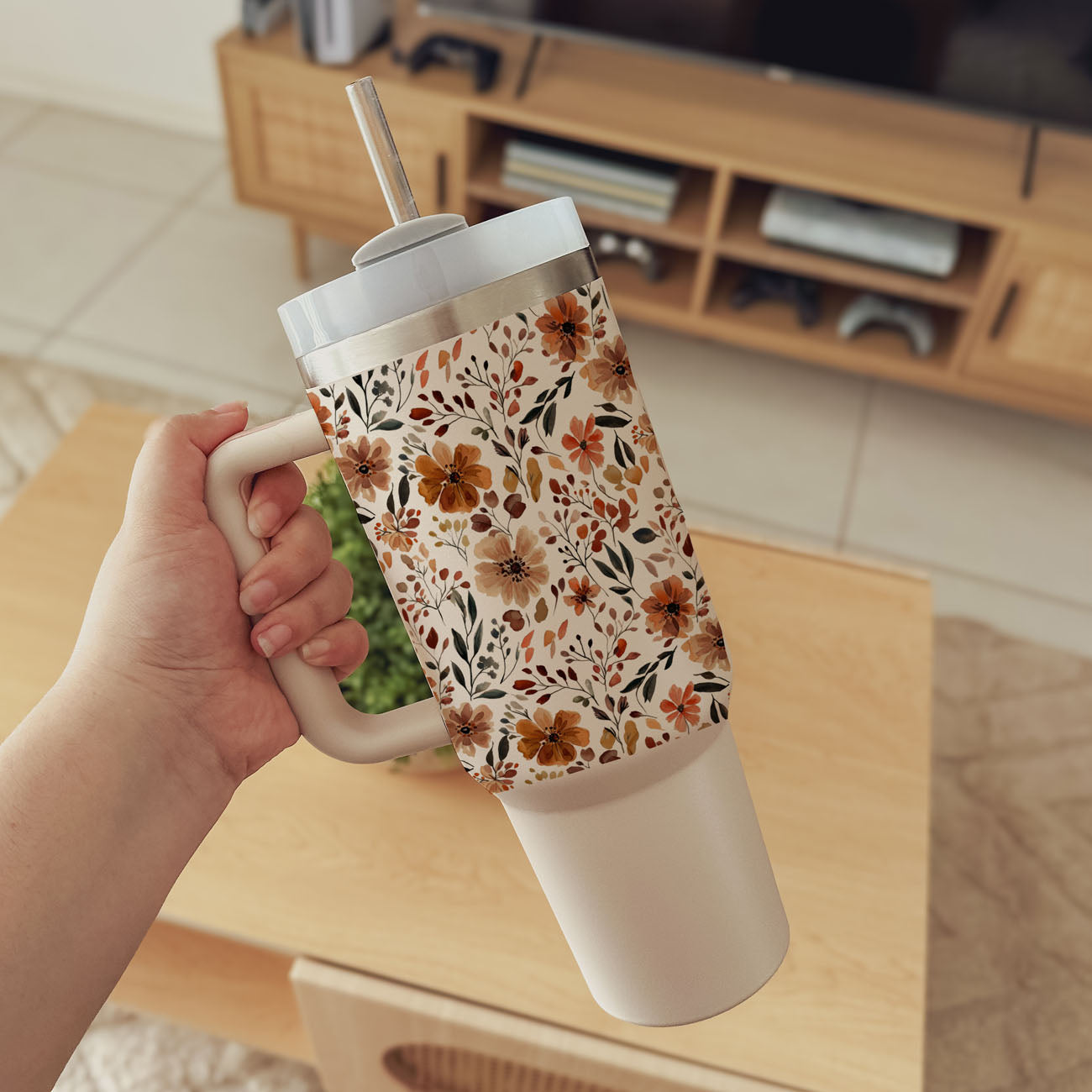 Floral Fall 40oz Tumbler | Autumn Insulated Cup with Handle by Gia Roma