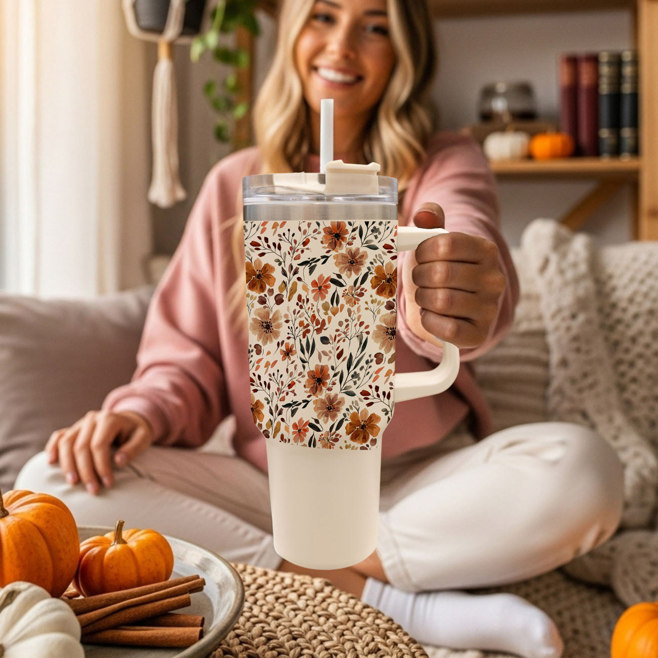 Floral Fall 40oz Tumbler | Autumn Insulated Cup with Handle by Gia Roma