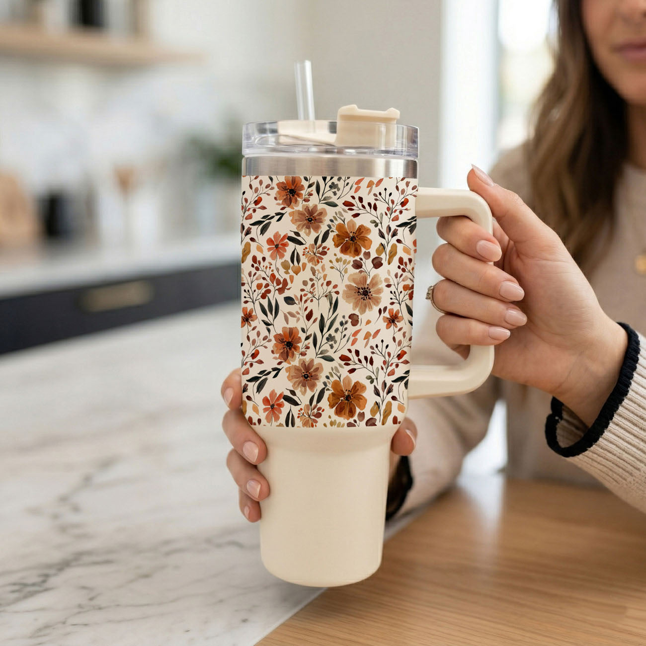 Floral Fall 40oz Tumbler | Autumn Insulated Cup with Handle by Gia Roma