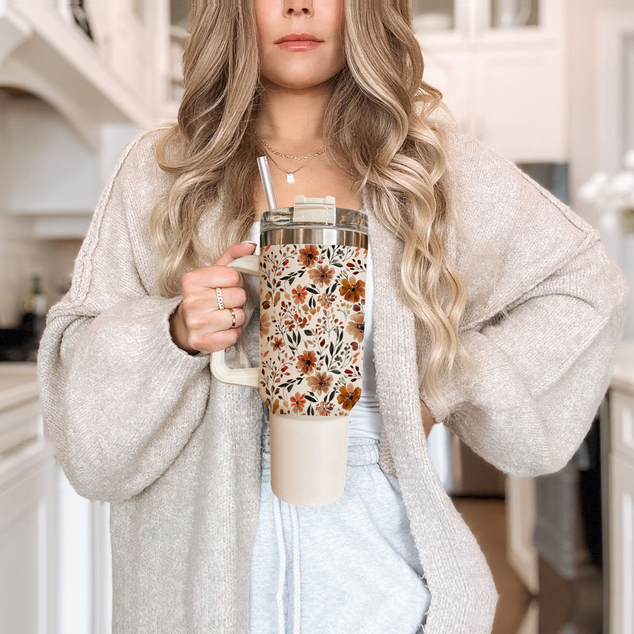 Floral Fall 40oz Tumbler | Autumn Insulated Cup with Handle by Gia Roma