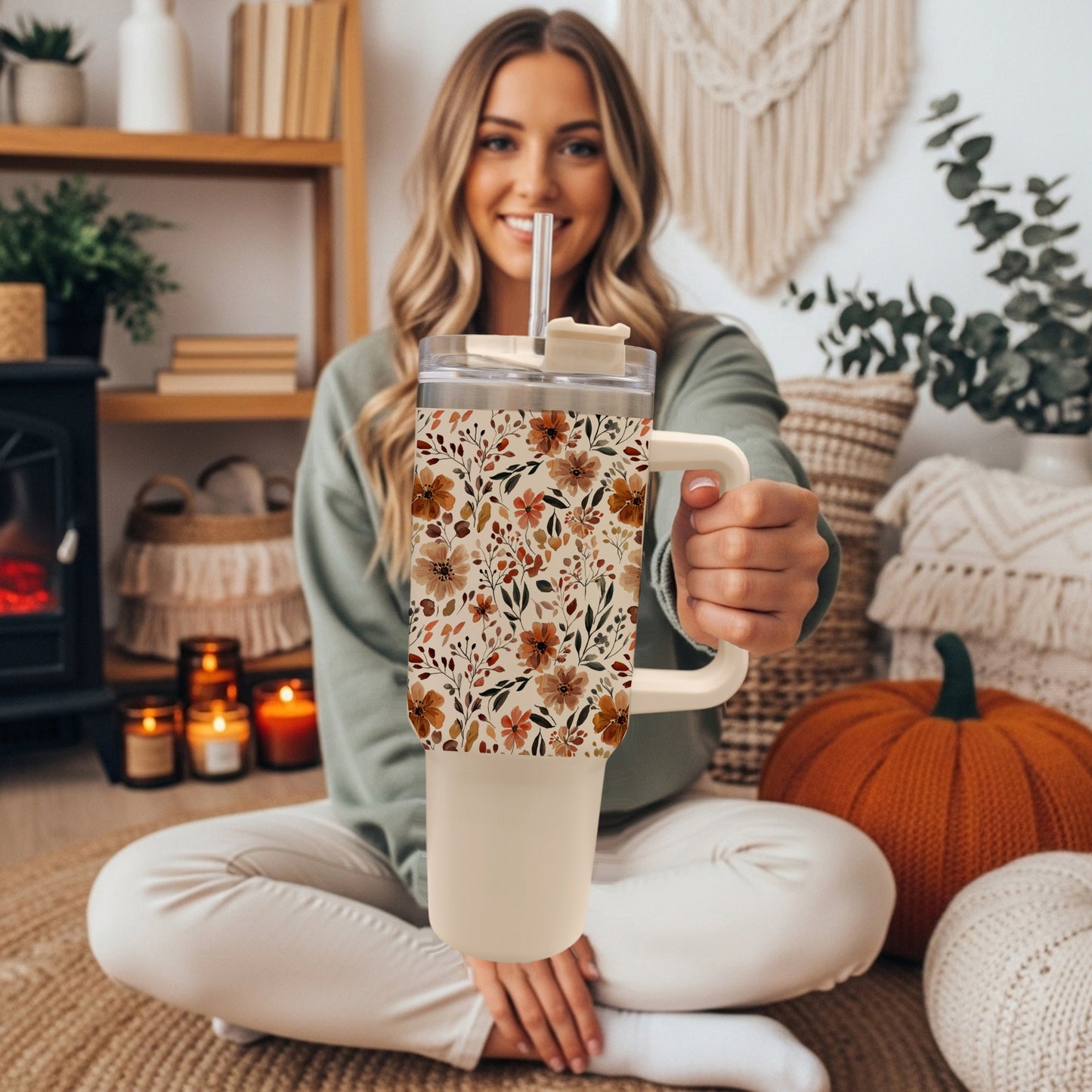 Floral Fall 40oz Tumbler | Autumn Insulated Cup with Handle by Gia Roma